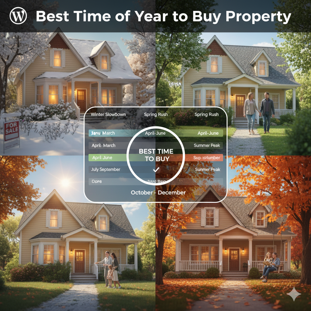 Seasonal real estate concept showing a house model, keys, and a calendar with spring, summer, fall, and winter symbols.