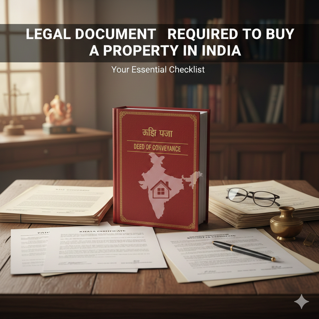 Legal documents, house key and miniature home symbolizing paperwork required to buy property in India.