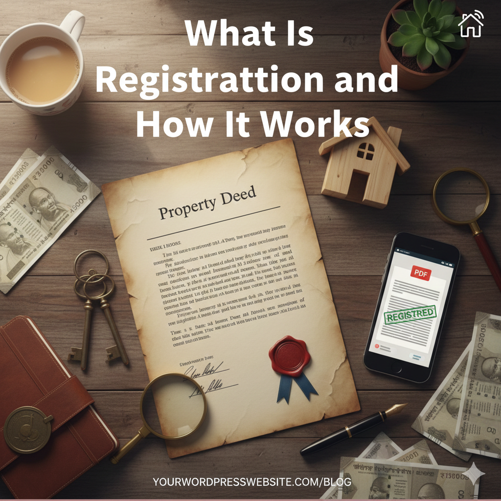 Property registration process with legal document signing and house key handover.